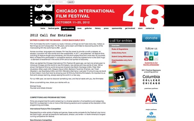 Chicago International Film Festival Website Screenshot